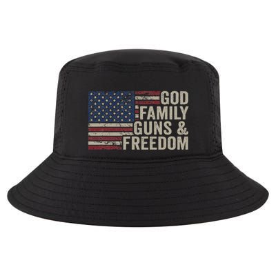 God Family Guns & Freedom Pro Gun Vintage Usa Flag Cool Comfort Performance Bucket Hat