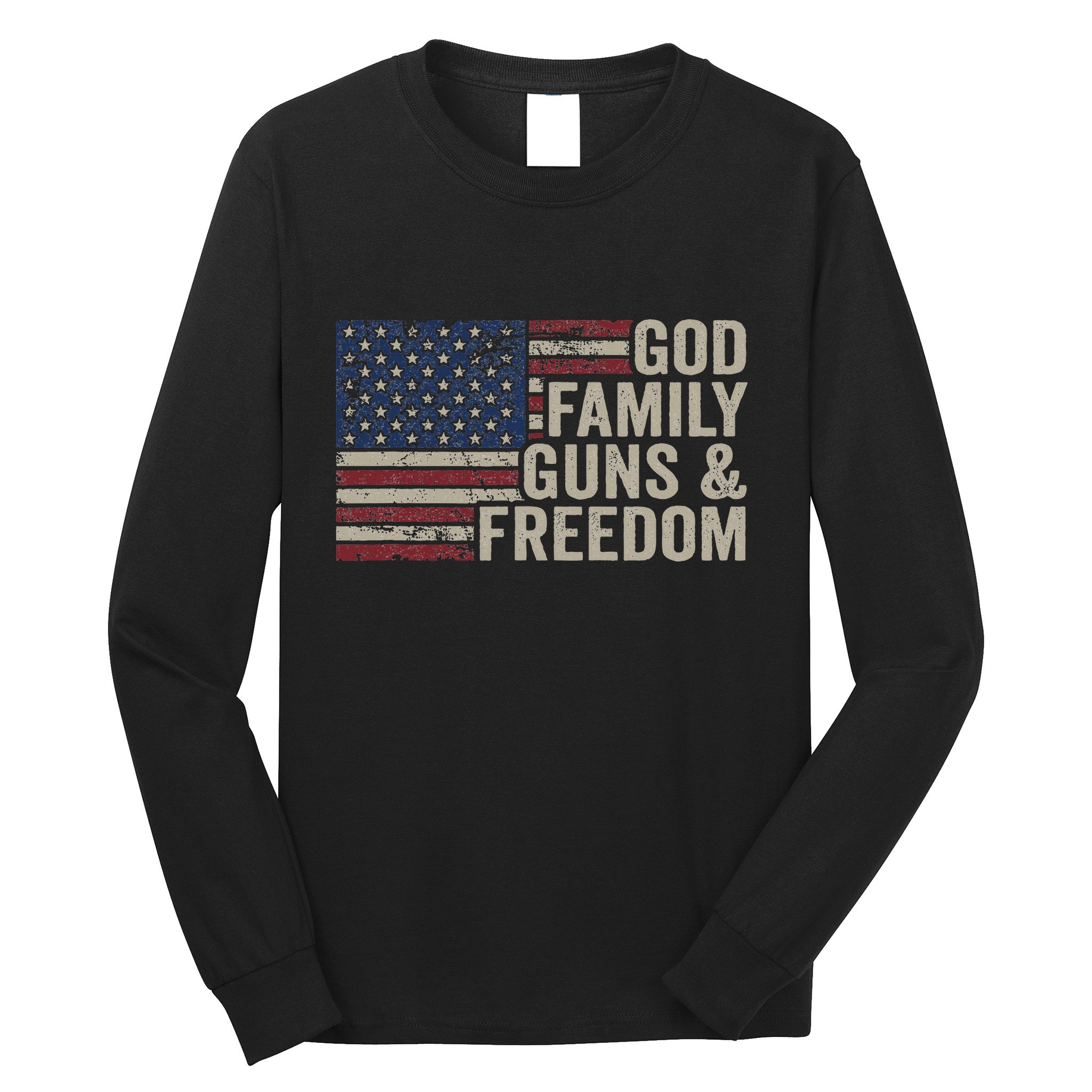 God Family Guns & Freedom Pro Gun Vintage Usa Flag Long Sleeve Shirt