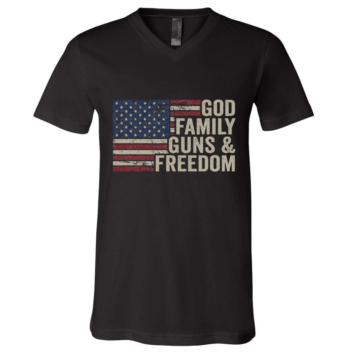 God Family Guns & Freedom Pro Gun Vintage Usa Flag V-Neck T-Shirt