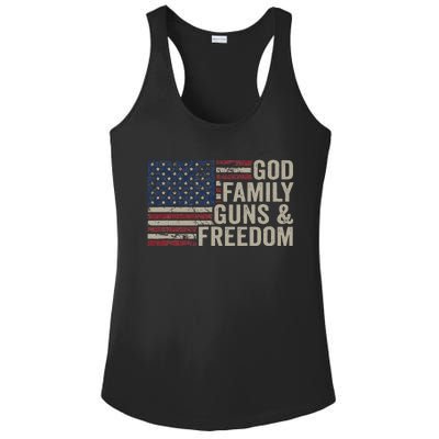 God Family Guns & Freedom Pro Gun Vintage Usa Flag Ladies PosiCharge Competitor Racerback Tank