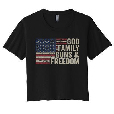 God Family Guns & Freedom Pro Gun Vintage Usa Flag Women's Crop Top Tee