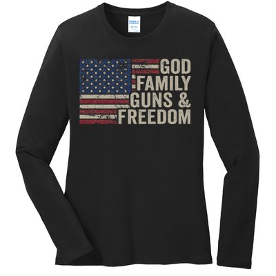 God Family Guns & Freedom Pro Gun Vintage Usa Flag Ladies Long Sleeve Shirt