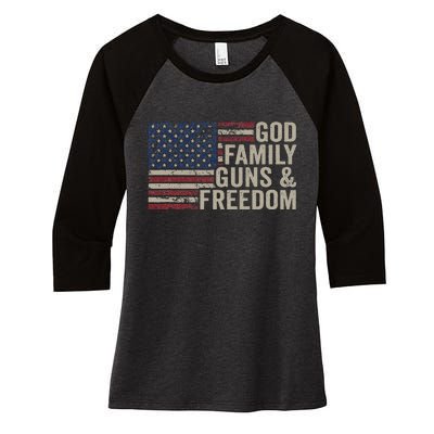 God Family Guns & Freedom Pro Gun Vintage Usa Flag Women's Tri-Blend 3/4-Sleeve Raglan Shirt