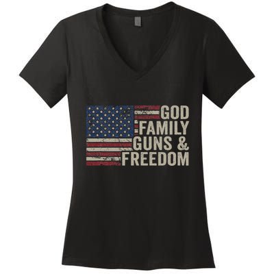 God Family Guns & Freedom Pro Gun Vintage Usa Flag Women's V-Neck T-Shirt