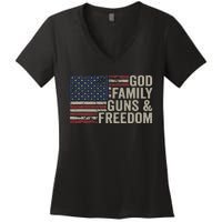 God Family Guns & Freedom Pro Gun Vintage Usa Flag Women's V-Neck T-Shirt