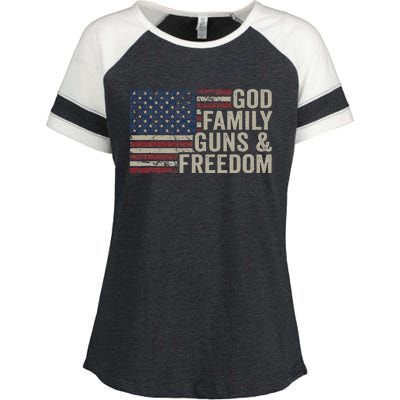 God Family Guns & Freedom Pro Gun Vintage Usa Flag Enza Ladies Jersey Colorblock Tee