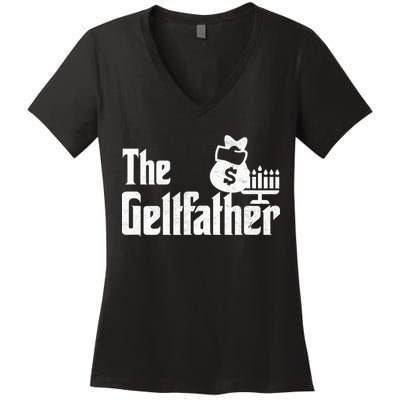 Gelt Father Hanukkah Dreidel Game Jewish Dad Menorah Latkes  Women's V-Neck T-Shirt