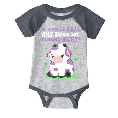 God Funny If God Is Real Why Does My Tummy Hurt, Sad Cow Infant Baby Jersey Bodysuit