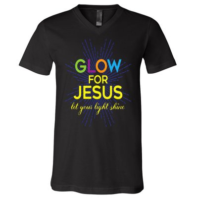 Glow For Jesus  Let Your Light Shine  Faith Apparel V-Neck T-Shirt