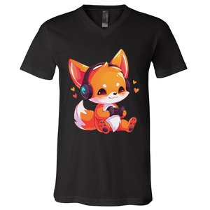 Gamer Fox Kawaii Fox Anime Funny Gaming Cute Fox Video Gamer V-Neck T-Shirt