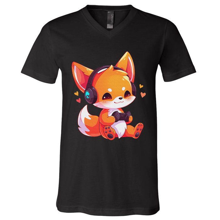 Gamer Fox Kawaii Fox Anime Funny Gaming Cute Fox Video Gamer V-Neck T-Shirt