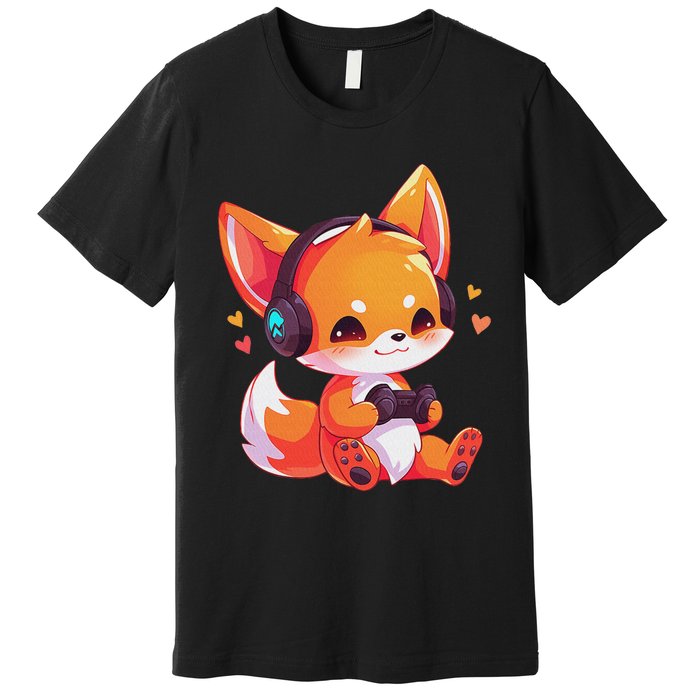 Gamer Fox Kawaii Fox Anime Funny Gaming Cute Fox Video Gamer Premium T-Shirt