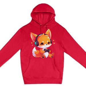 Gamer Fox Kawaii Fox Anime Funny Gaming Cute Fox Video Gamer Premium Pullover Hoodie