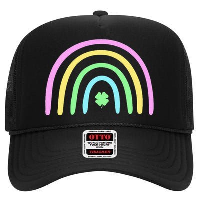 Green Four Leaf Clover Rainbow St Patricks Day High Crown Mesh Back Trucker Hat