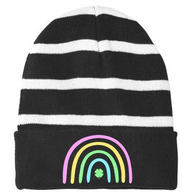 Green Four Leaf Clover Rainbow St Patricks Day Striped Beanie with Solid Band