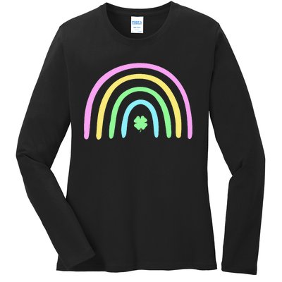 Green Four Leaf Clover Rainbow St Patricks Day Ladies Long Sleeve Shirt