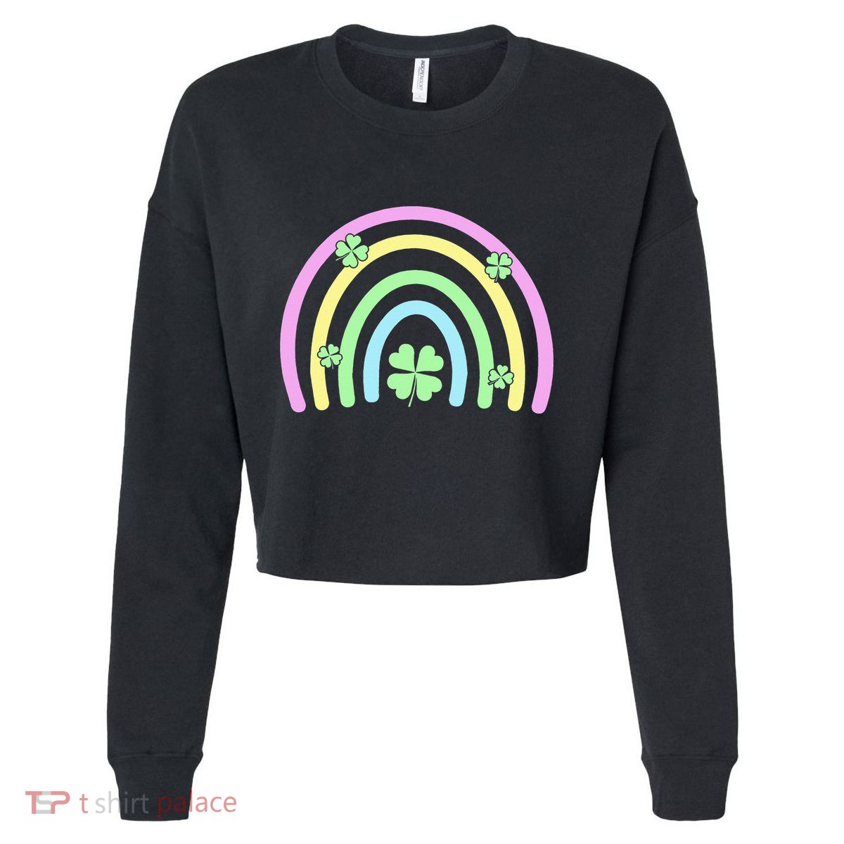 Green Four Leaf Clover Rainbow Happy St Patricks Day Cropped Pullover Crew