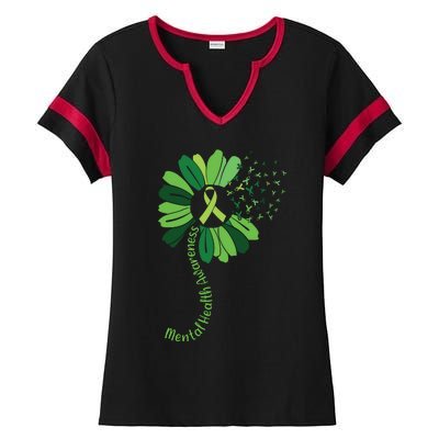 Green Flower Mental Health Awareness Ladies Halftime Notch Neck Tee