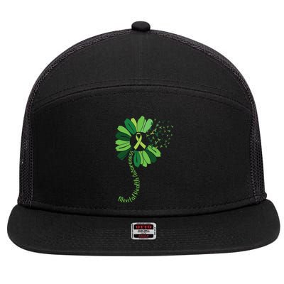 Green Flower Mental Health Awareness 7 Panel Mesh Trucker Snapback Hat