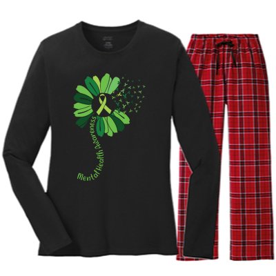 Green Flower Mental Health Awareness Women's Long Sleeve Flannel Pajama Set 