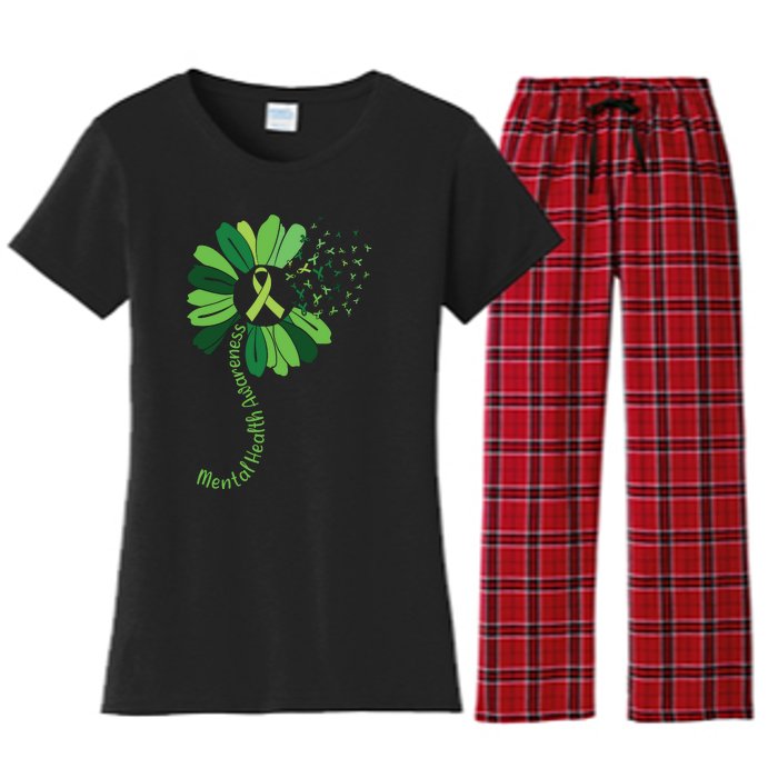 Green Flower Mental Health Awareness Women's Flannel Pajama Set