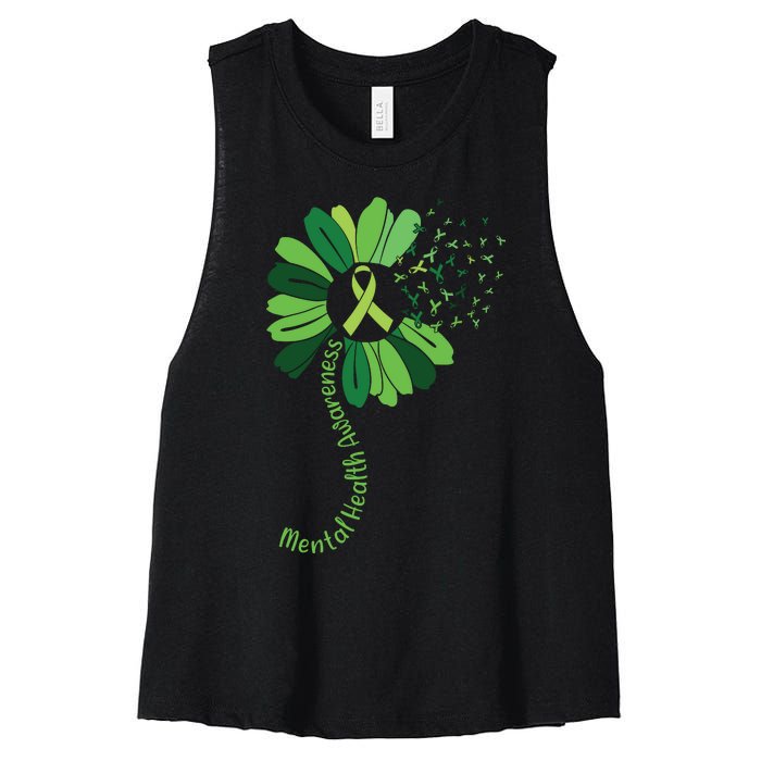 Green Flower Mental Health Awareness Women's Racerback Cropped Tank