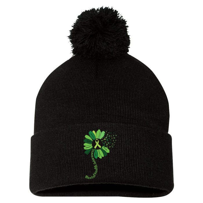 Green Flower Mental Health Awareness Pom Pom 12in Knit Beanie