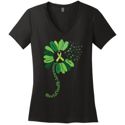 Green Flower Mental Health Awareness Women's V-Neck T-Shirt