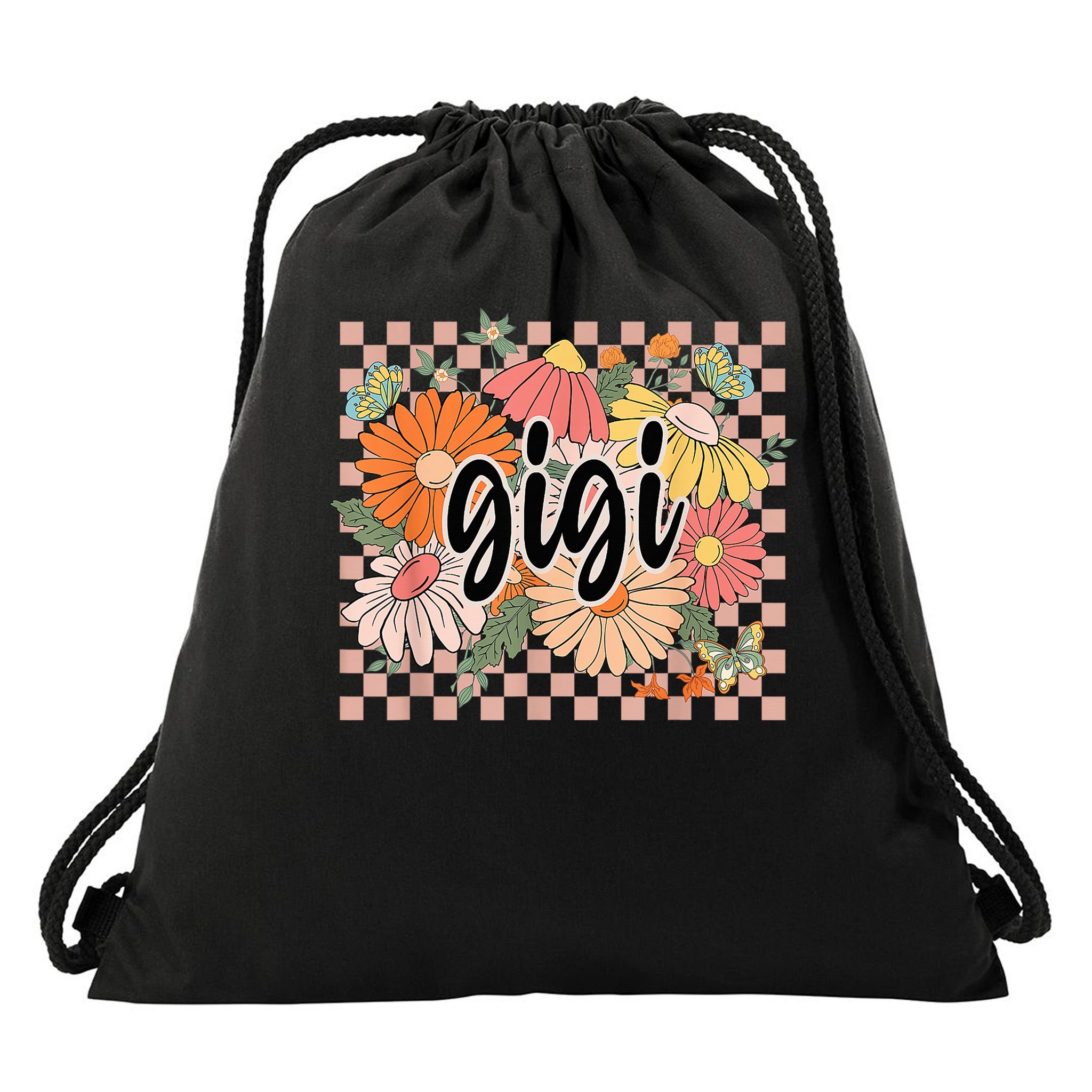 Gigi Floral Mother'S Day Wildflower Girl Checkered Drawstring Bag