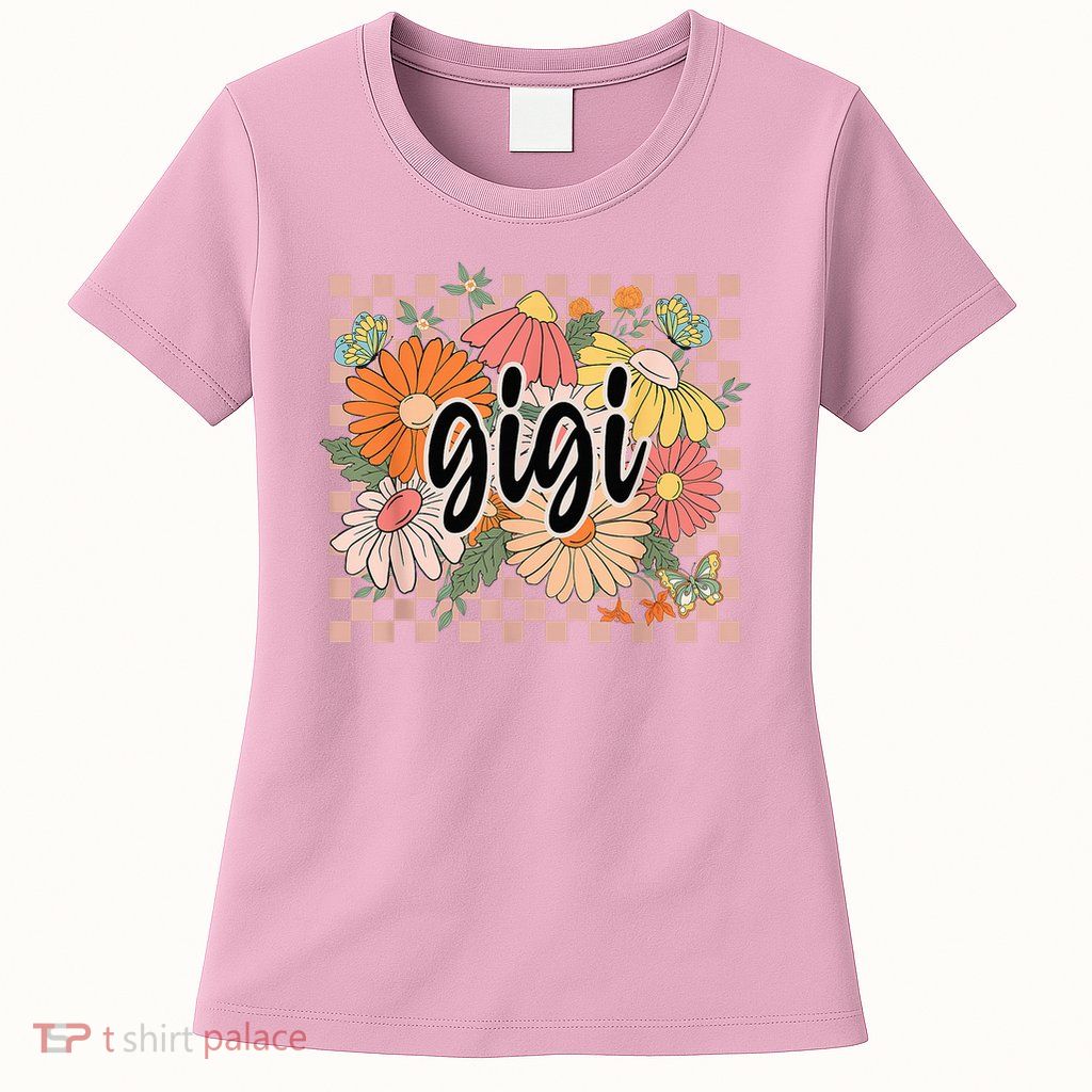 Gigi Floral Mother'S Day Wildflower Girl Checkered Womens T-Shirt