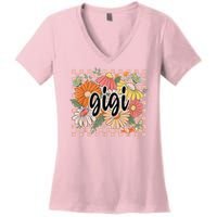 Gigi Floral Mother'S Day Wildflower Girl Checkered Women's V-Neck T-Shirt