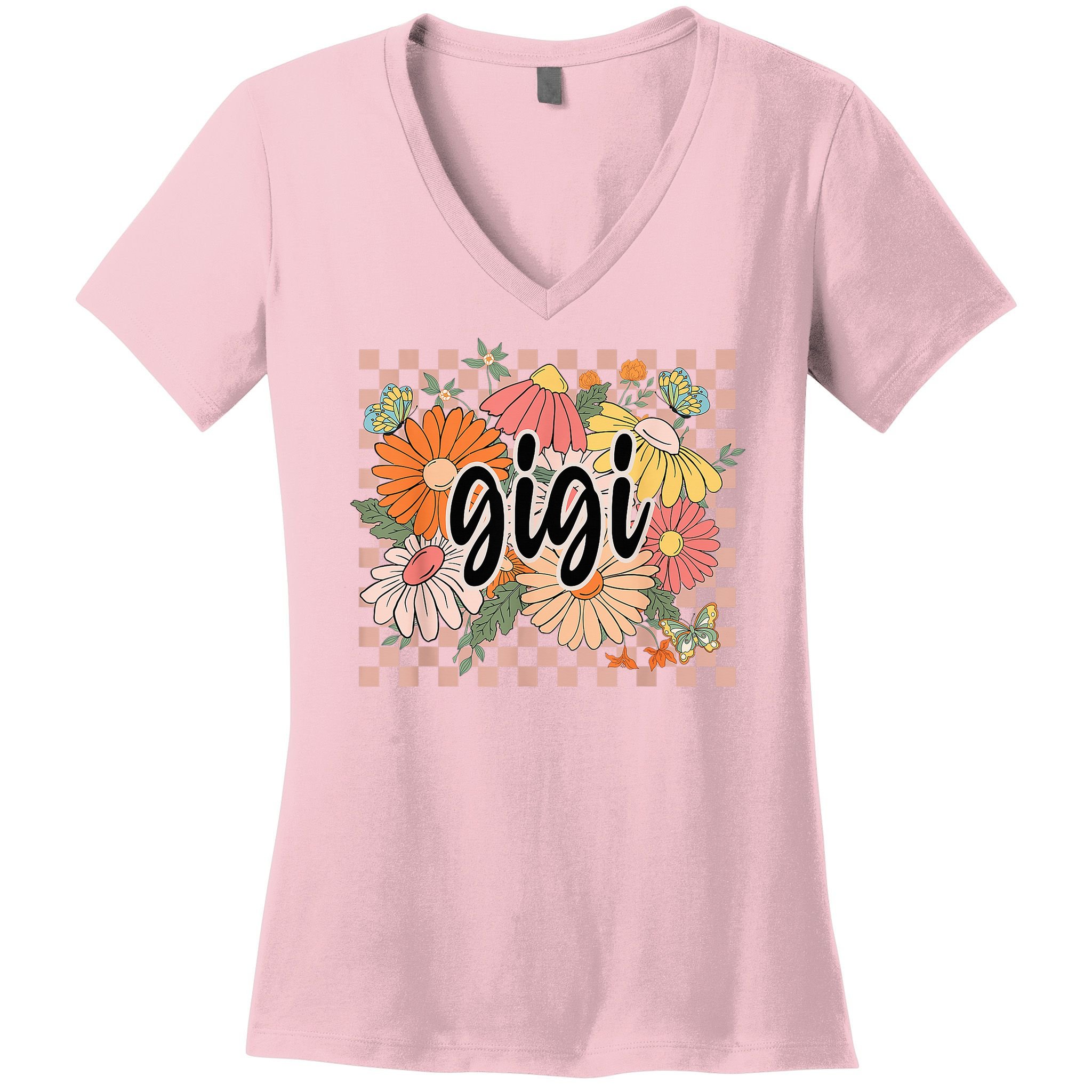 Gigi Floral Mother'S Day Wildflower Girl Checkered Women's V-Neck T-Shirt