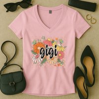Gigi Floral Mother'S Day Wildflower Girl Checkered Women's V-Neck T-Shirt