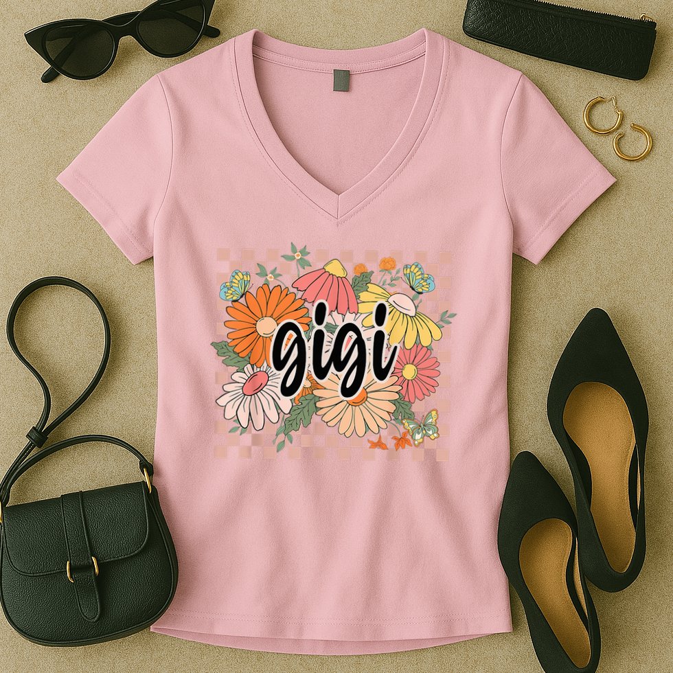 Gigi Floral Mother'S Day Wildflower Girl Checkered Women's V-Neck T-Shirt