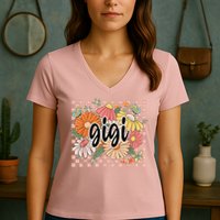 Gigi Floral Mother'S Day Wildflower Girl Checkered Women's V-Neck T-Shirt
