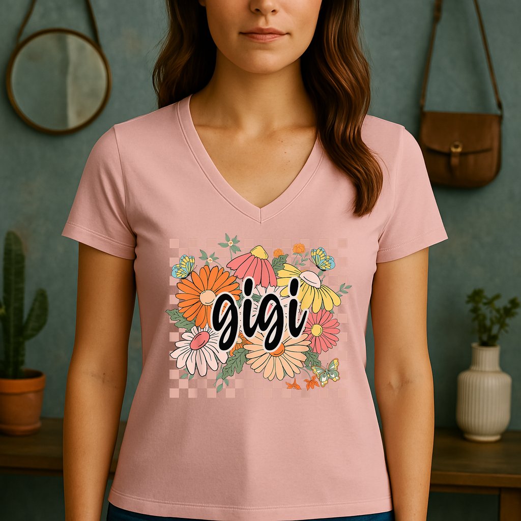 Gigi Floral Mother'S Day Wildflower Girl Checkered Women's V-Neck T-Shirt