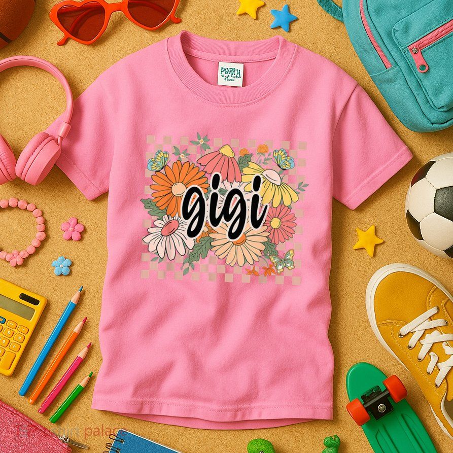 Gigi Floral Mother'S Day Wildflower Girl Checkered Kids T-Shirt