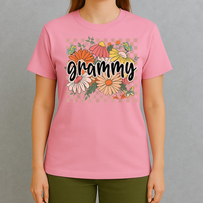 Grammy Floral Mother'S Day Wildflower Girl Checkered T-Shirt