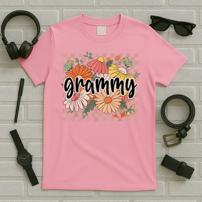Grammy Floral Mother'S Day Wildflower Girl Checkered T-Shirt