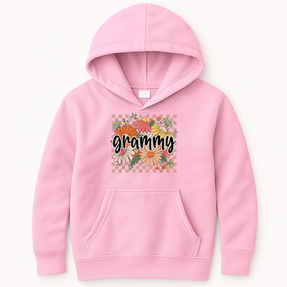 Grammy Floral Mother'S Day Wildflower Girl Checkered Kids Hoodie
