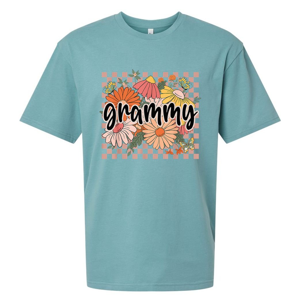 Grammy Floral Mother'S Day Wildflower Girl Checkered Sueded Cloud Jersey T-Shirt