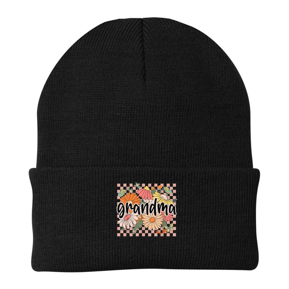 Grandma Floral Mother'S Day Wildflower Girl Checkered Beanie