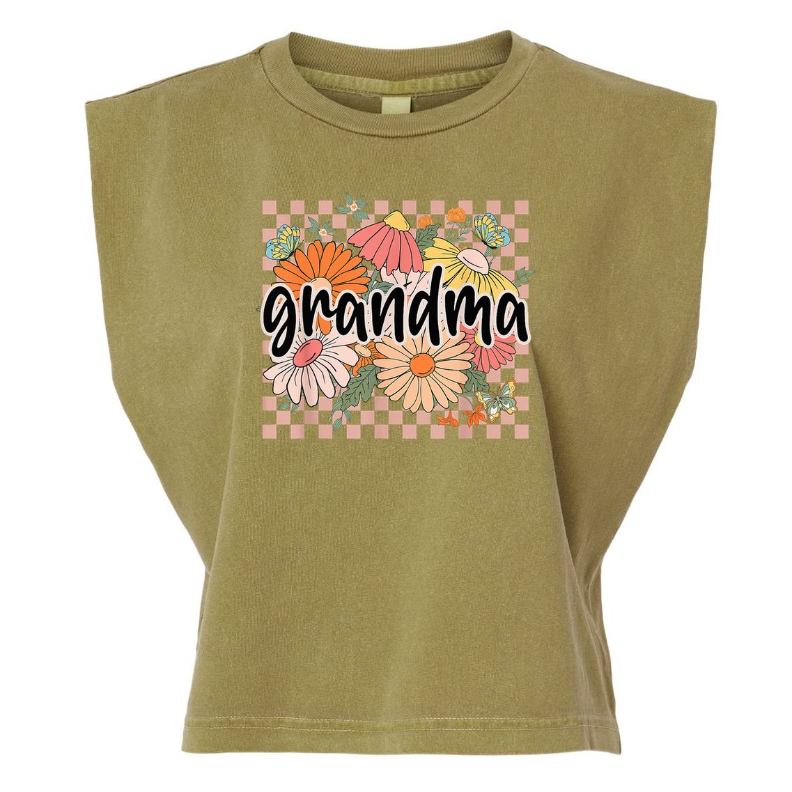 Grandma Floral Mother'S Day Wildflower Girl Checkered Garment-Dyed Women's Muscle Tee