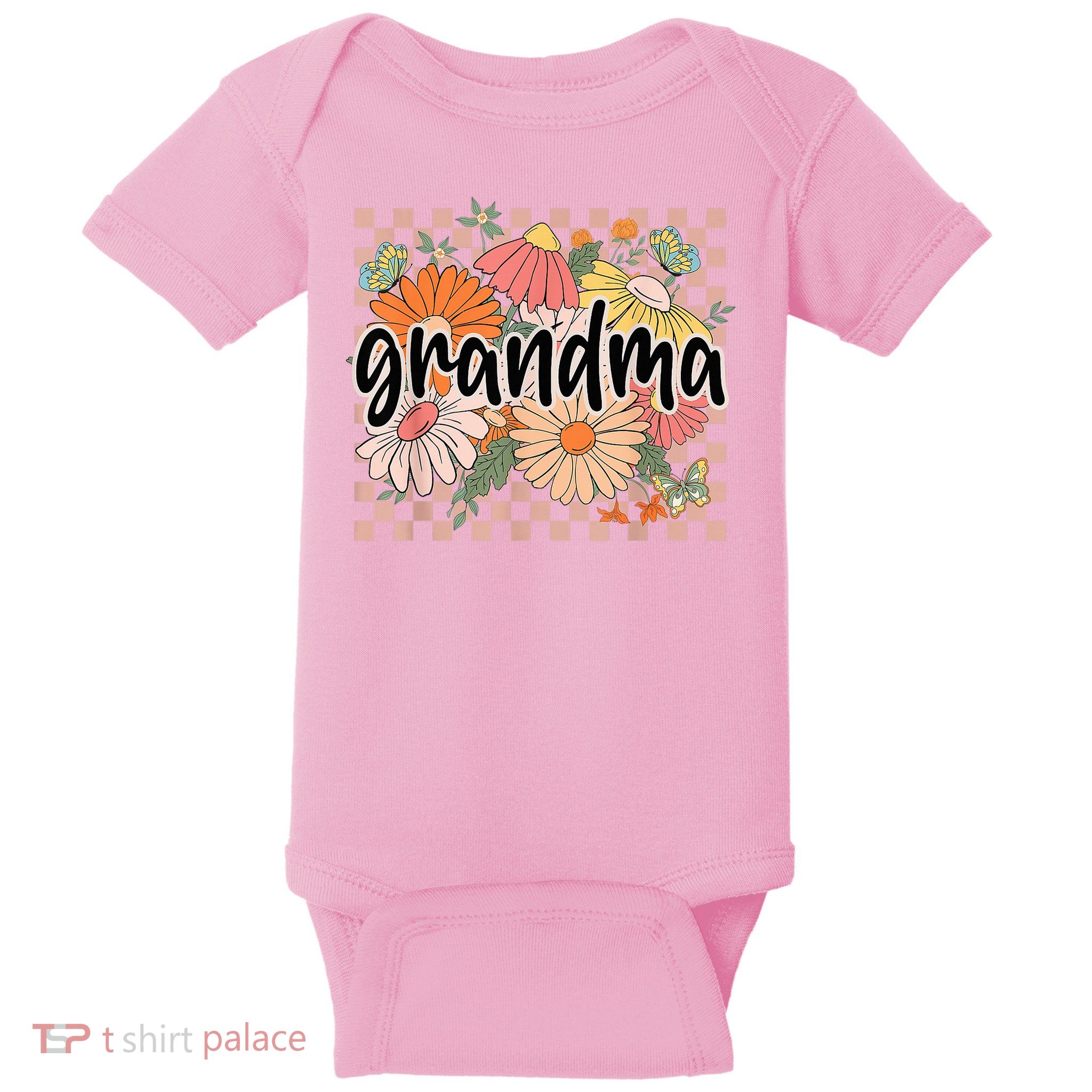 Grandma Floral Mother'S Day Wildflower Girl Checkered Baby Bodysuit