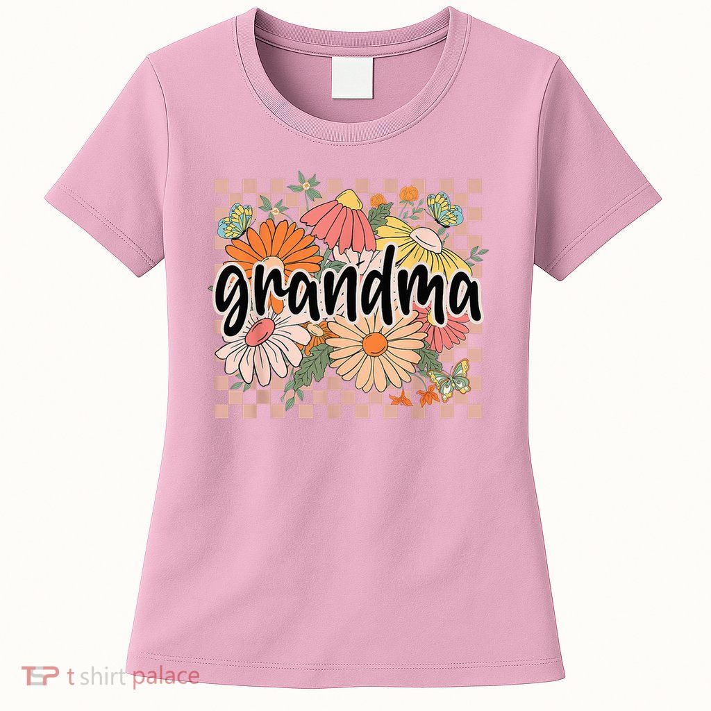 Grandma Floral Mother'S Day Wildflower Girl Checkered Womens T-Shirt