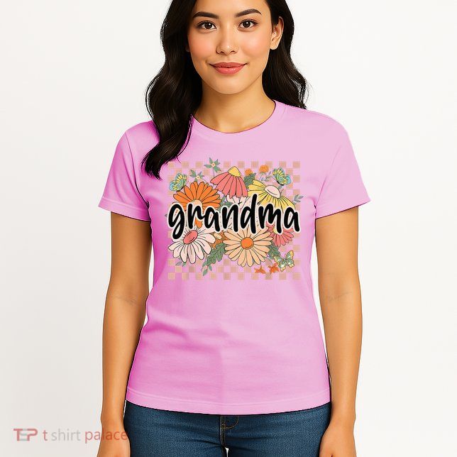 Grandma Floral Mother'S Day Wildflower Girl Checkered Womens T-Shirt