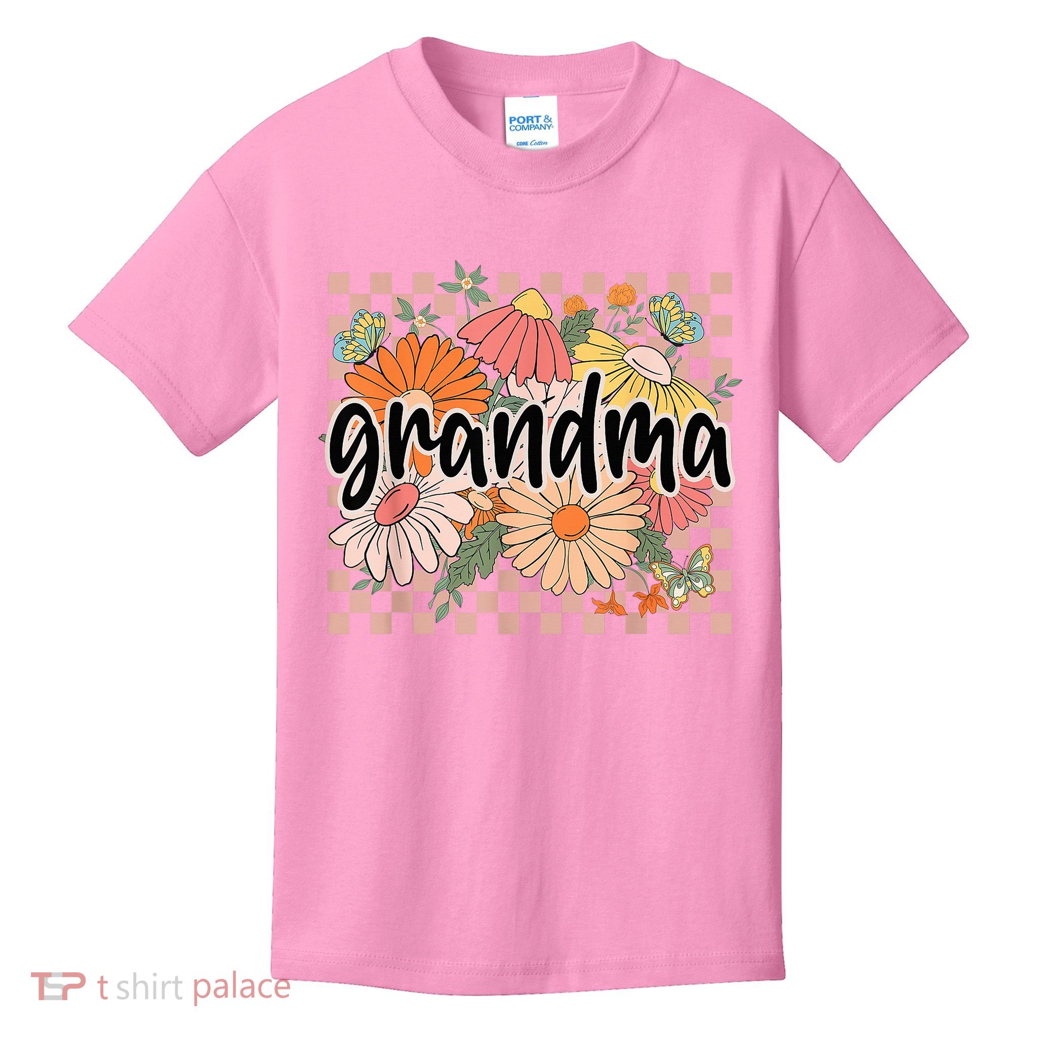 Grandma Floral Mother'S Day Wildflower Girl Checkered Kids T-Shirt