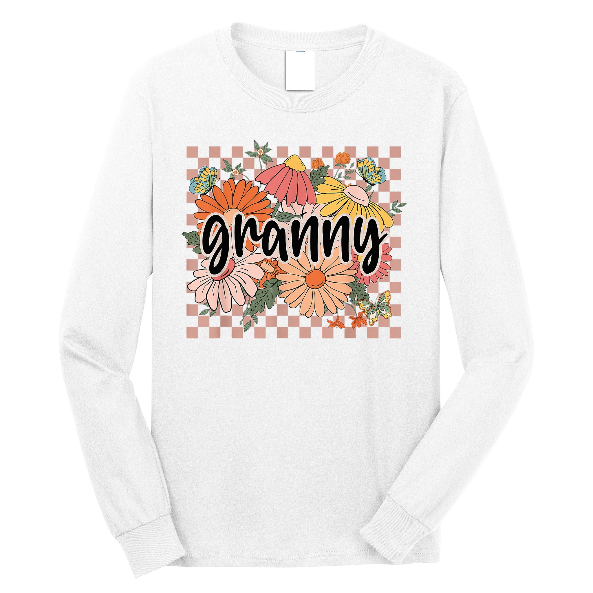 Granny Floral Mother'S Day Wildflower Girl Checkered Long Sleeve Shirt