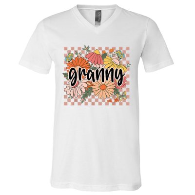 Granny Floral Mother'S Day Wildflower Girl Checkered V-Neck T-Shirt