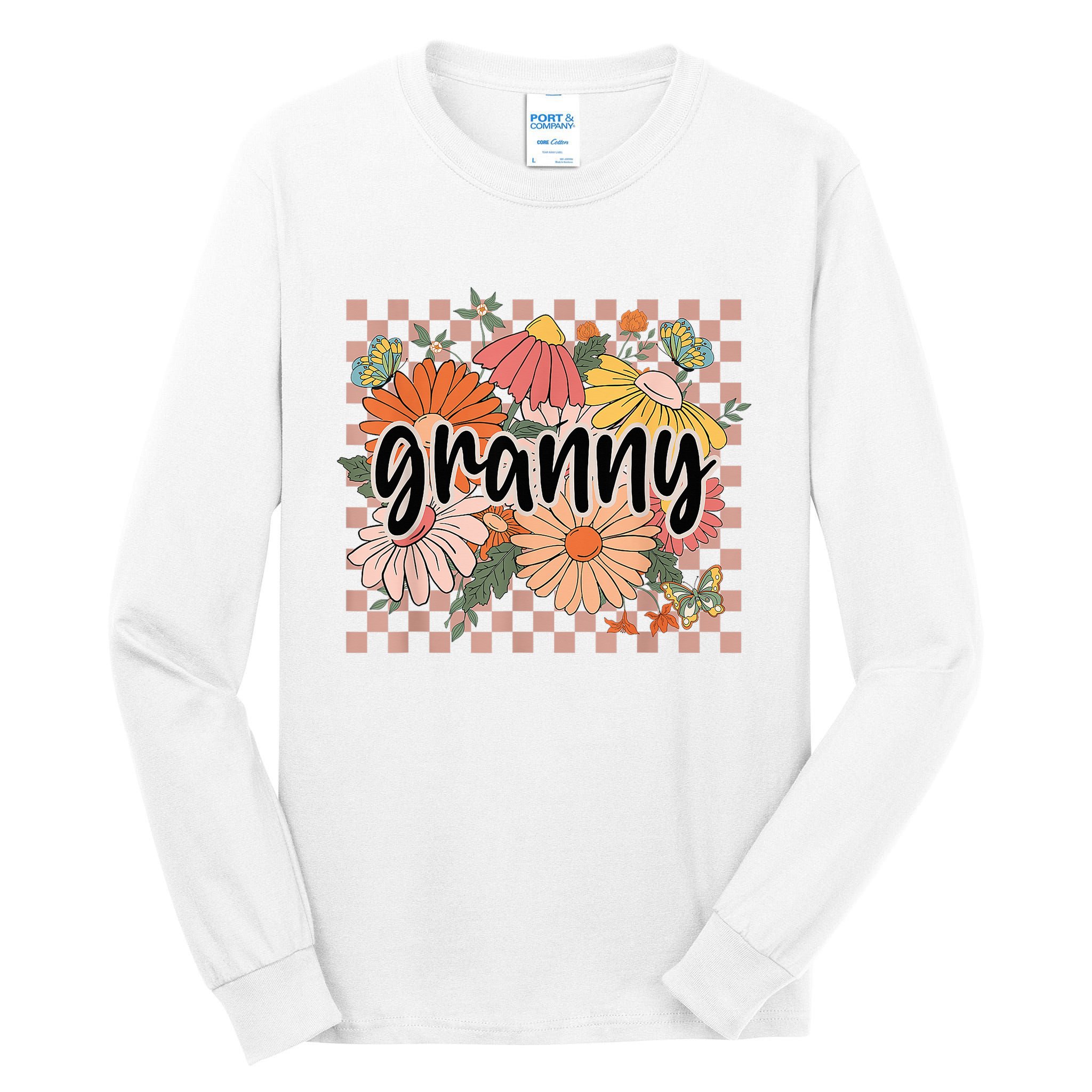 Granny Floral Mother'S Day Wildflower Girl Checkered Tall Long Sleeve T-Shirt